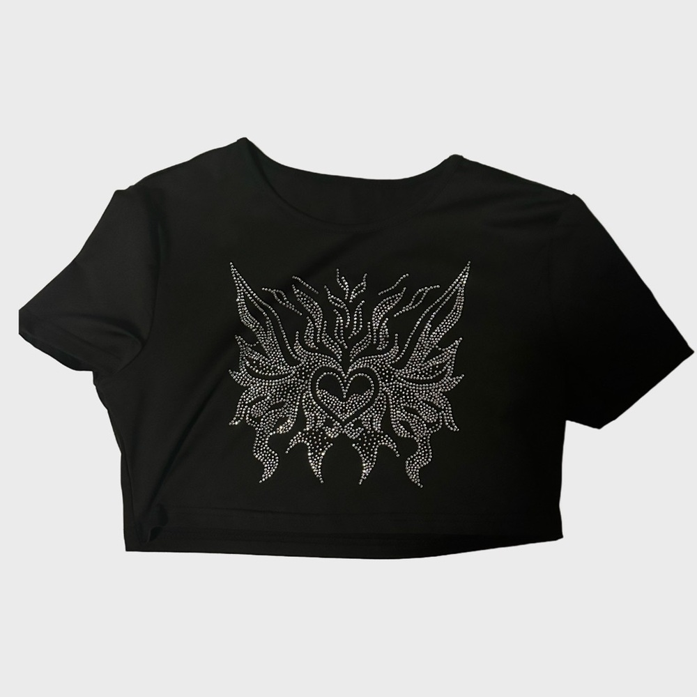 SHEIN Black Rhinestone Graphic Crop Top